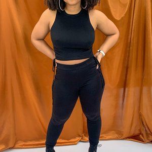 2 Piece Sexy Side Tie Crop Top & Stretch Jogger Lounge Set Black Small / Large